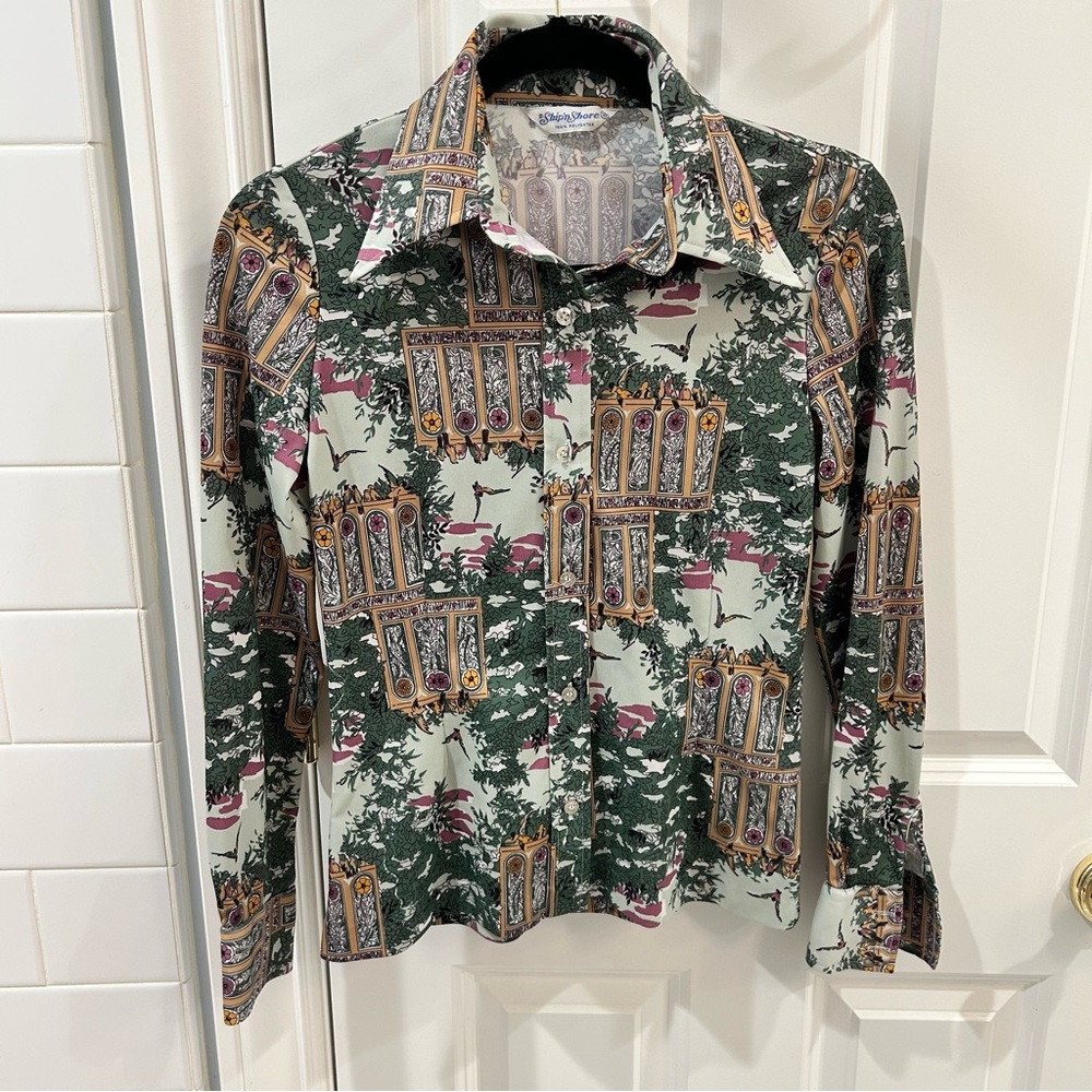 Vtg 70s Ship ’n Shore Bird & Garden Print Dagger Collar Button Up Shirt - M Poly - Picture 2 of 15